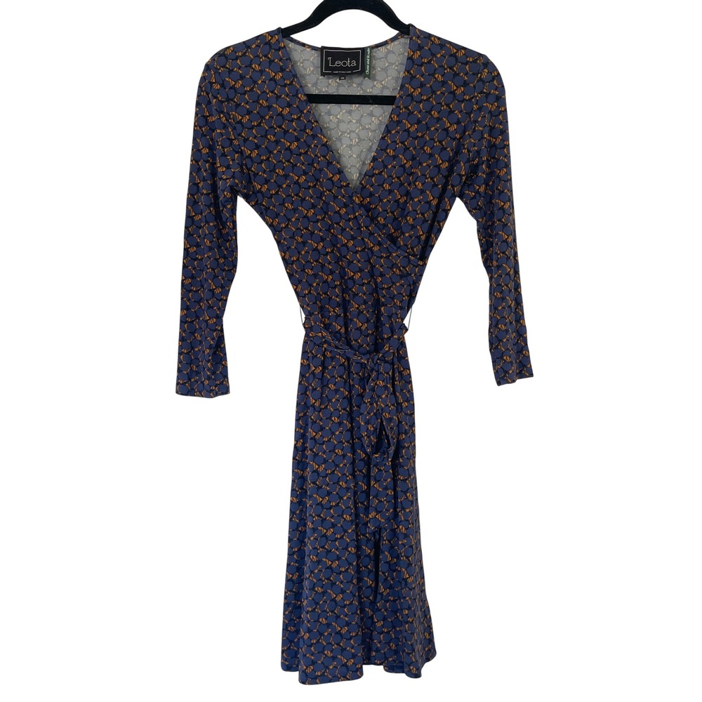 Leota Faux Wrap Dress Blue‎ Orange Geometric Print 3/4 Sleeve Women's Size XS